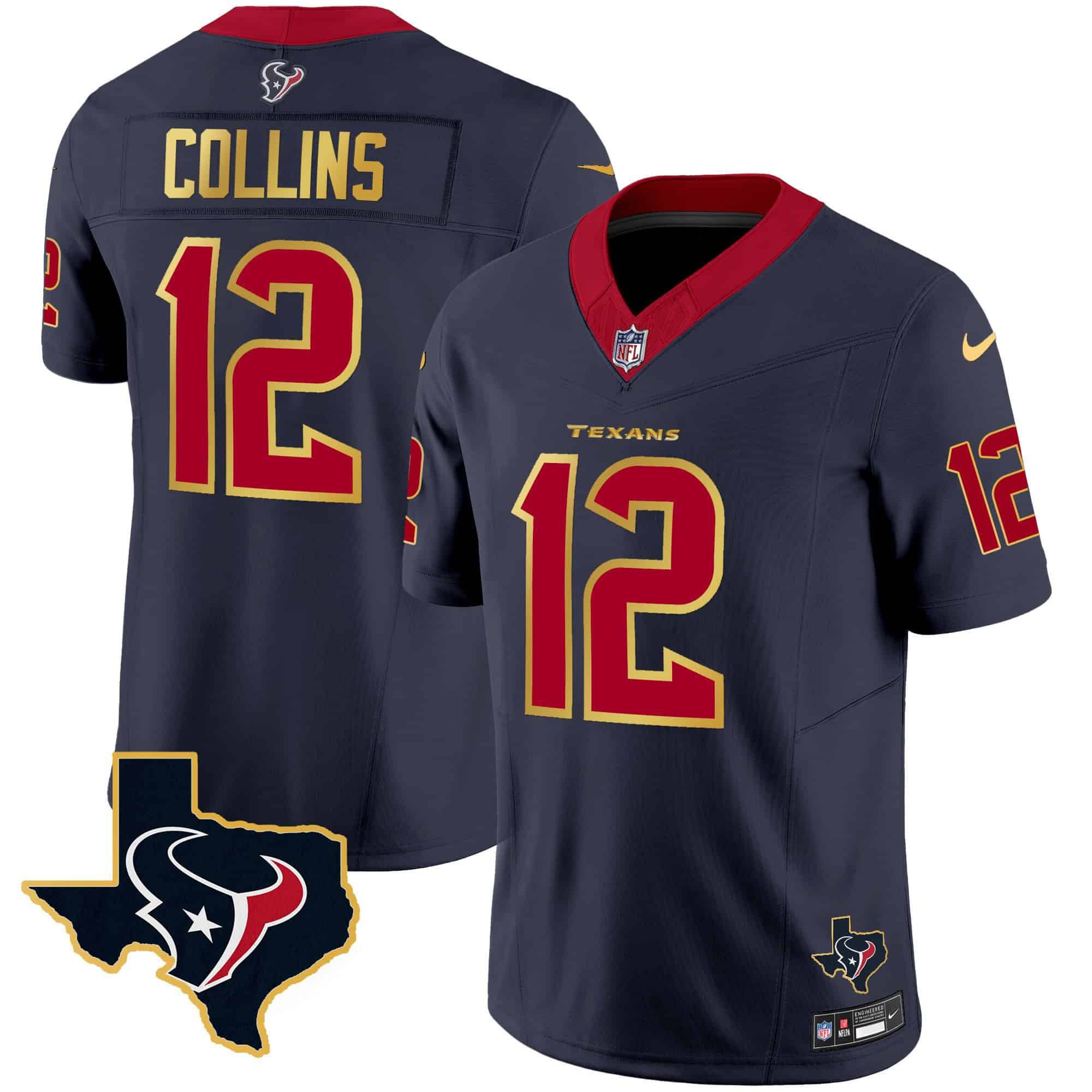 Men Houston Texans #12 Collins Dark blue Gold 2024 Nike Trim Vapor NFL Jersey style 1